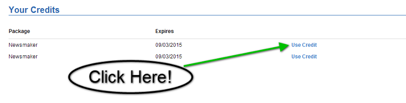Step 3 - Once logged in, you will see a list of any credit(s) you have available. Click on the Use Credit link to redeem your credit.
